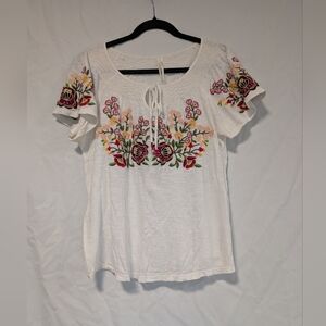 Anthropologie White Blouse with Colorful Floral Embroidery